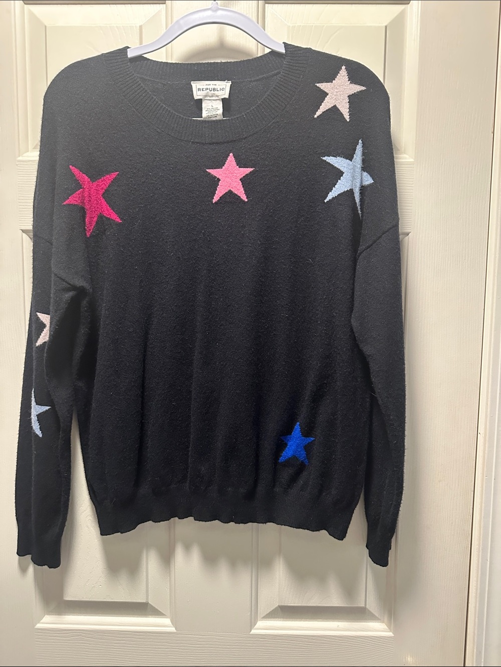 For The Republic Black Crewneck Sweater with Multicolor Star Motif